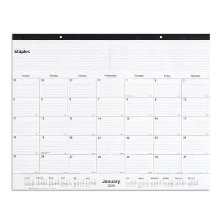 2026 Staples 21.75" x 17" Monthly Desk Pad Calendar White/Black (ST12951-26)