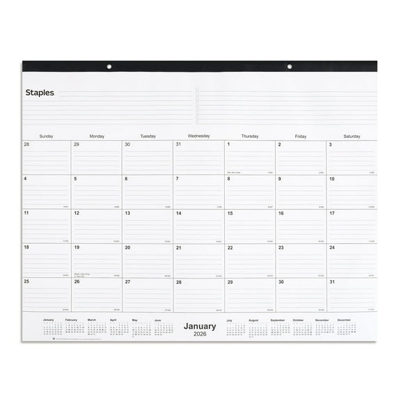 2026 Staples 21.75" x 17" Monthly Desk Pad Calendar White/Black (ST12951-26)