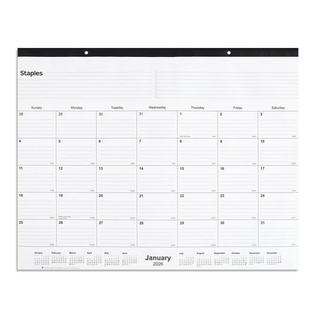 2026 Staples 21.75  x 17  Monthly Desk Pad Calendar White/Black (ST12951-26)