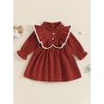thumbnail image 4 of Elippeo Little Girl Autumn Corduroy Dress Mock Neck Ruffled Long Sleeve Bow Decor A-Line Dress 12 18 24 Months 3 4 5 Years, 4 of 9