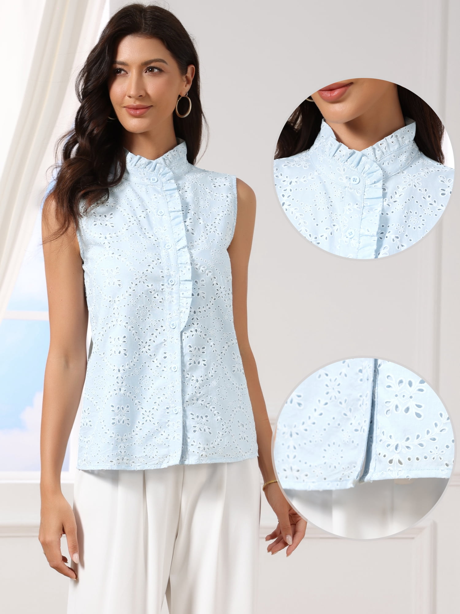 DARING DIVA Women's Eyelet Hollow Out Crochet Floral Embroidered Tank Top XL Light Blue