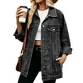 thumbnail image 3 of Jean Jackets for Women Trendy Button Down Denim Trucker Jackets Long Sleeves Frayed Hem Shacket Jacket Black Grey L, 3 of 9