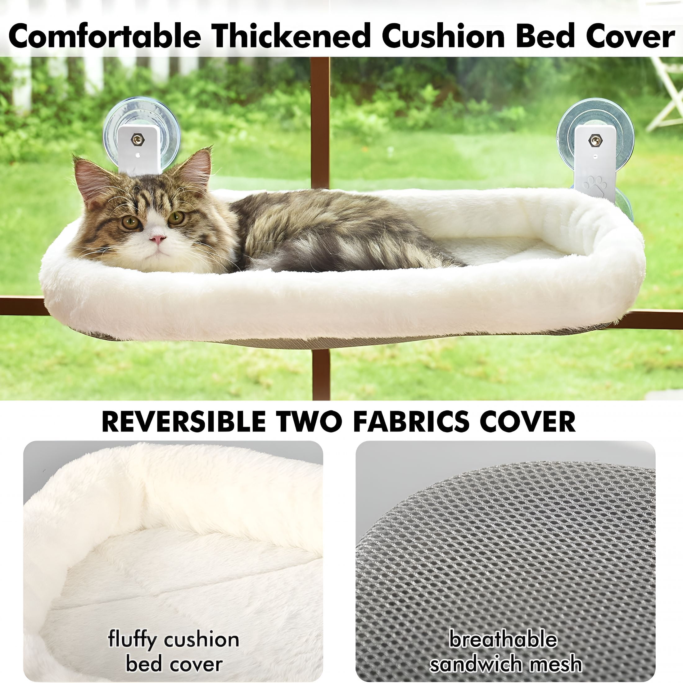 XIBUFE 2026 New Cordless Cat Window Perch, Window Hammock for Cats with 4 Strong Suction Cups, Solid Metal Frame and Soft Cover, Indoor Cat Bed