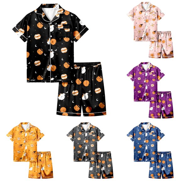 Weebloom Halloween Kids Girl Pajamas Cute Pumpkin Outfits 2 Piece Set Short Sleeve Button Down Shirt And Shorts Casual Toddler Clothes Sleepwear Nightwear Pjs Loungewear 8-9 Years