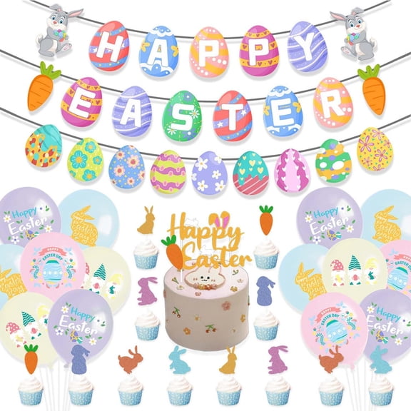 Easter Decorations Indoor Easter Décor, Easter Balloons, Happy Easter Banner, Egg Bunny Cup cake Topper for Home Office School Classroom Easter‘s Day Themed Party Decorations