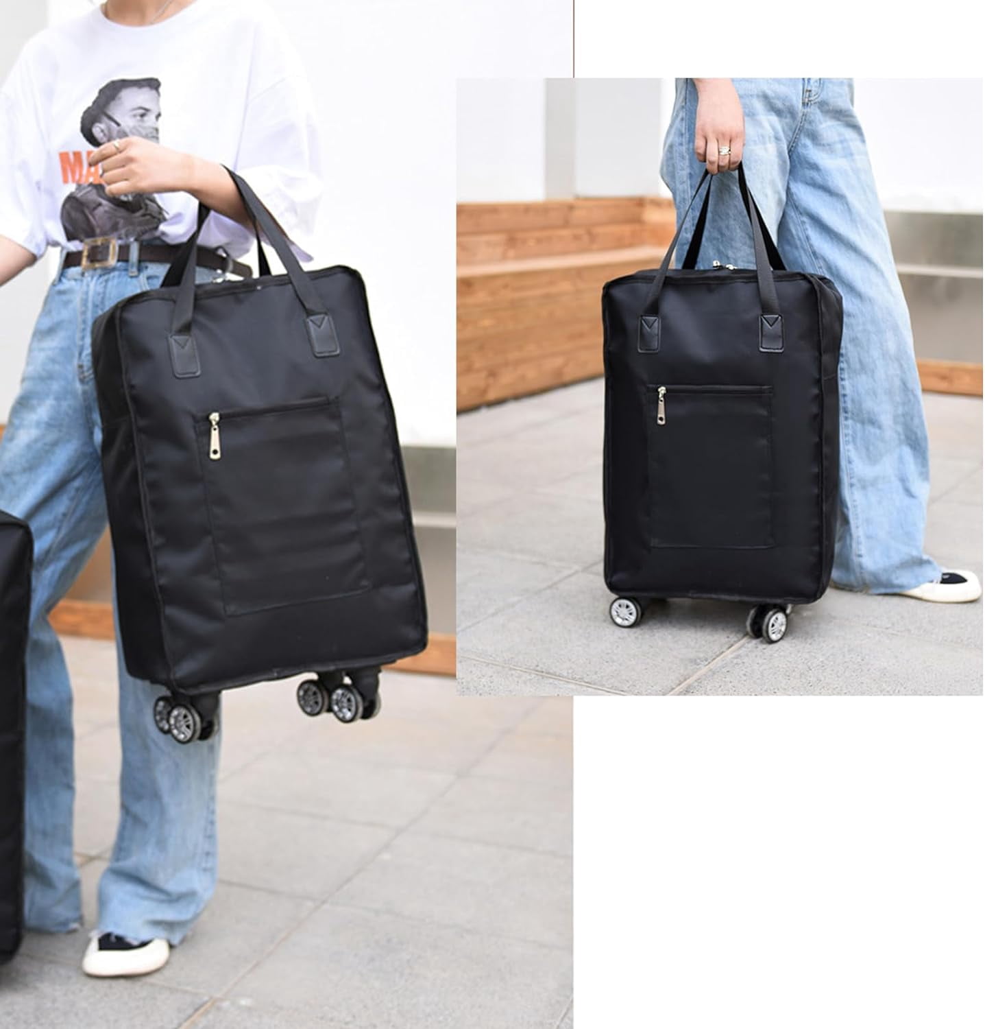 Expandable Foldable Duffel Bag with Wheels Rolling Duffle Bag Luggage Bag Carry on Bag Lightweight Suitcases,Black