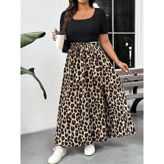 Plus Size Leopard Print Maxi Skirt with Side Slit and Tie Waist