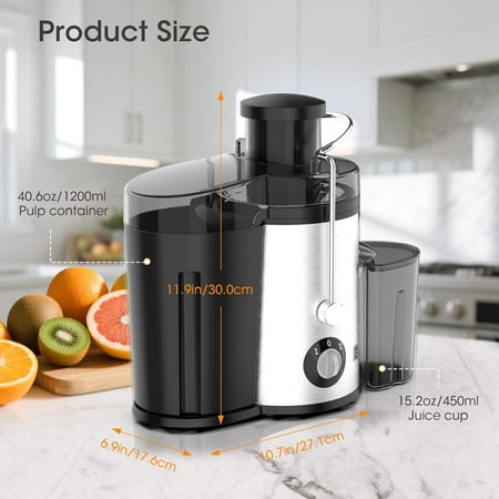 Juicer Machine, 600W Centrifugal Juice Extractor with 3” Wide Feed Chute, BPA-Free, Easy to Clean, Stainless Steel, Includes Cleaning Brush (Black)
