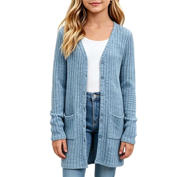 Kilaqueen Girl's Long Open Front Cardigan Sweater, Ribbed Knit Long Sleeve Duster with Pockets, Lightweight Casual Layering Top for Fall