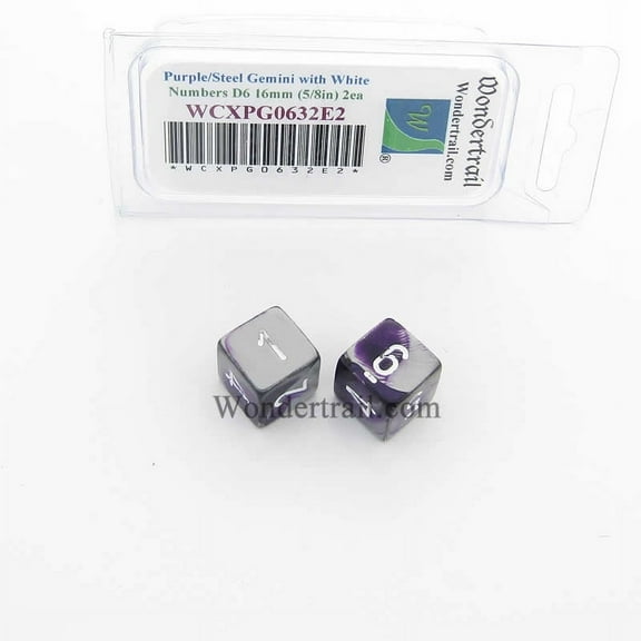 Purple and Steel Gemini Dice with White Numbers D6 Aprox 16mm (5/8in) Pack of 2 Wondertrail