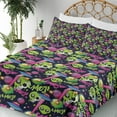 thumbnail image 3 of Ambesonne Emoji Fitted & Top Sheet Set with Shams, Outer Space Alien Skull Print, Lime Green and Hot Pink, 3 of 5