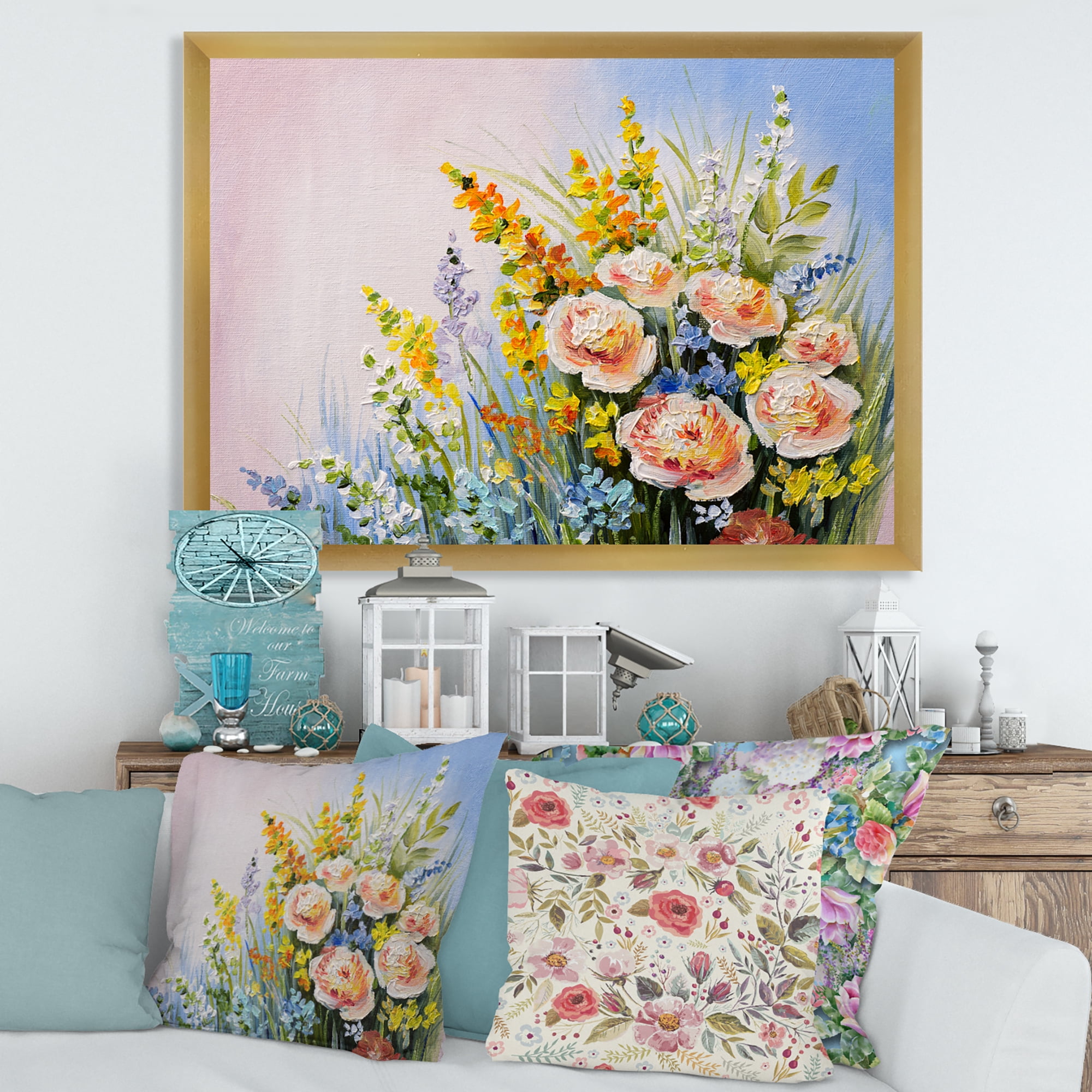 Designart 'Yellow and Pink Summer Wildflowers' Traditional Framed Art Print