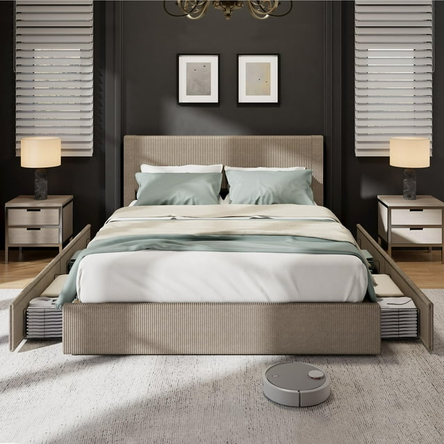 GloryStar Bed Frame with 4 Storage Drawers, Platform Bed Frame Full with Upholstered Channel Tufted Wingback Headboard, Strong Wooden Slats Support, No Box Spring Needed