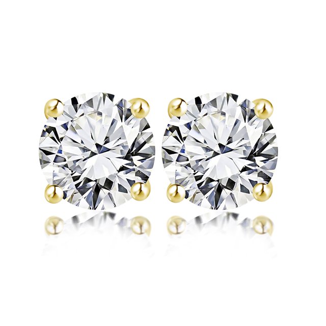 JeenMata Aros Solitarios de Diamantes Redondos de 0,5 Quilates con 4 Puntas Bañados en Oro Amarillo de 18 K sobre Plata