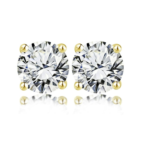 JeenMata Aros Solitarios de Diamantes Redondos de 0,5 Quilates con 4 Puntas Bañados en Oro Amarillo de 18 K sobre Plata