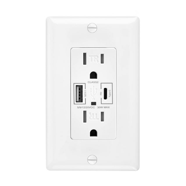 Prise Murale USB 15A, 30W Power Delivery QC 3.0 Type-C/A avec 2 Prises Standard, Recharge Haute Vitesse pour Appareils Intelligents, Prise Double Résistante aux Bouloches, Plaque Murale Incluse
