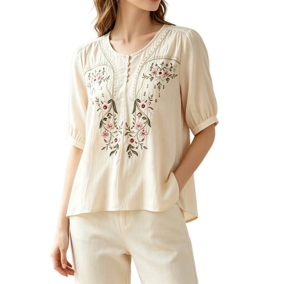 GZWYHT Embroidered Linen Tops for Women Boho Embroidered Tops Linen Shirts Gauze Tops Linen Shirts for Women Cotton Tunic Tops Linen Tops for Women Cotton Blouses Embroidered Blouses Beige L