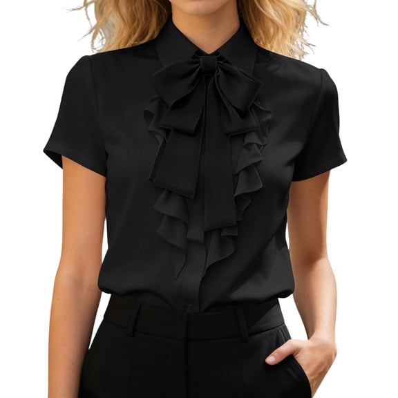 BOOMNY Womens Short Sleeve Tshirts Ruffled Lapel Solid Color T-Shirts Bowtie Summer Tee Tops for Women