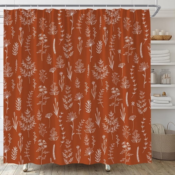 Boho Floral Shower Curtain Orange Botanical Western Terracotta Flower Modern Spring Retro Abstract Farmhouse Plants Leaves Mid Century Fabric Bathroom Decor Set with Hooks-72"W x 78"L (Pack of 1)