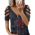 thumbnail image 5 of JustVH Women Quarter-Zip Tops Summer Short Sleeve Tee Rose Print Graphic T-Shirts, 5 of 5