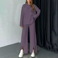 thumbnail image 2 of sususu Sets for Women Clothing Two Piece,Fall Outfits Ribbed Knit Two Piece Outfit High Neck Zipper Trousers Suit Cozy Loungewear For Fall Winter Season Casual Home Wear - Purple, 2 of 5