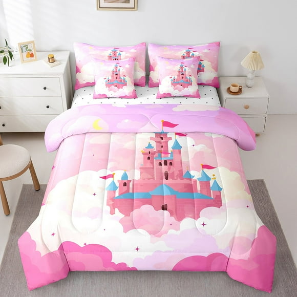 YST Girls Castle Comforter Set 7-Piece, Dreamy Princess Castle Bed in a Bag Pink Rose Flowers Bedding Comforter Sets Butterfly Floral Bedding Set Full Size Bed Sheets Set