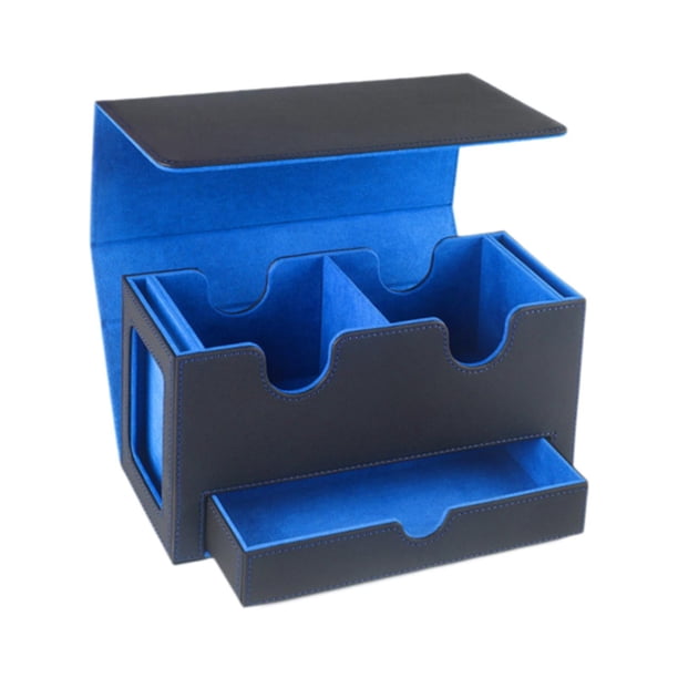 Caja de baraja de cartas para más de 400 cartas, práctica caja de almacenamiento de tarjetas de cuero PU Azul