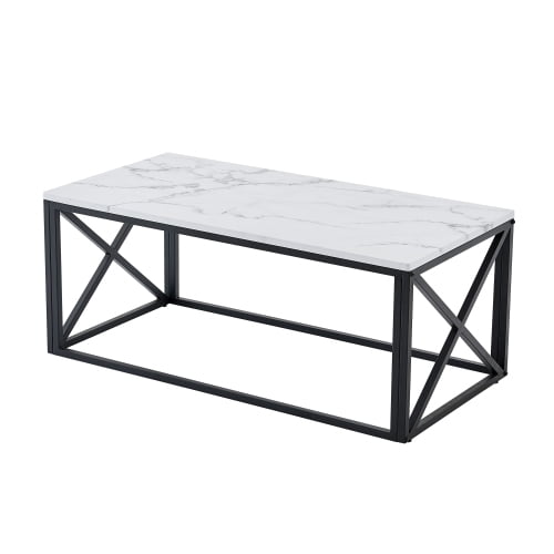 Robust and Stable Rectangle Coffee Table,Black Metal Frame with Marble Color Top