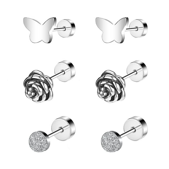 ZS 20G 3 Pairs Flower Stud Earring Butterfly Cartilage Conch Helix Piercing Frosted Round Ear Piercing Jewelry