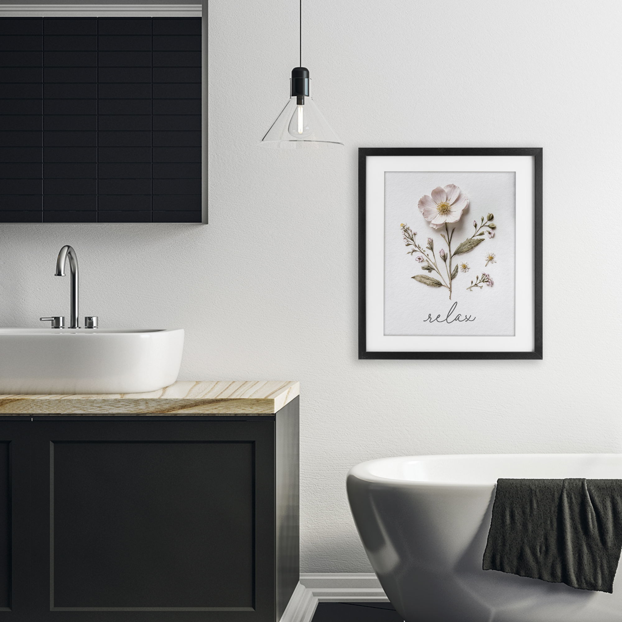 Pressed Flowers Relax Black Framed Print Under Glass, design by Lettered and Lined