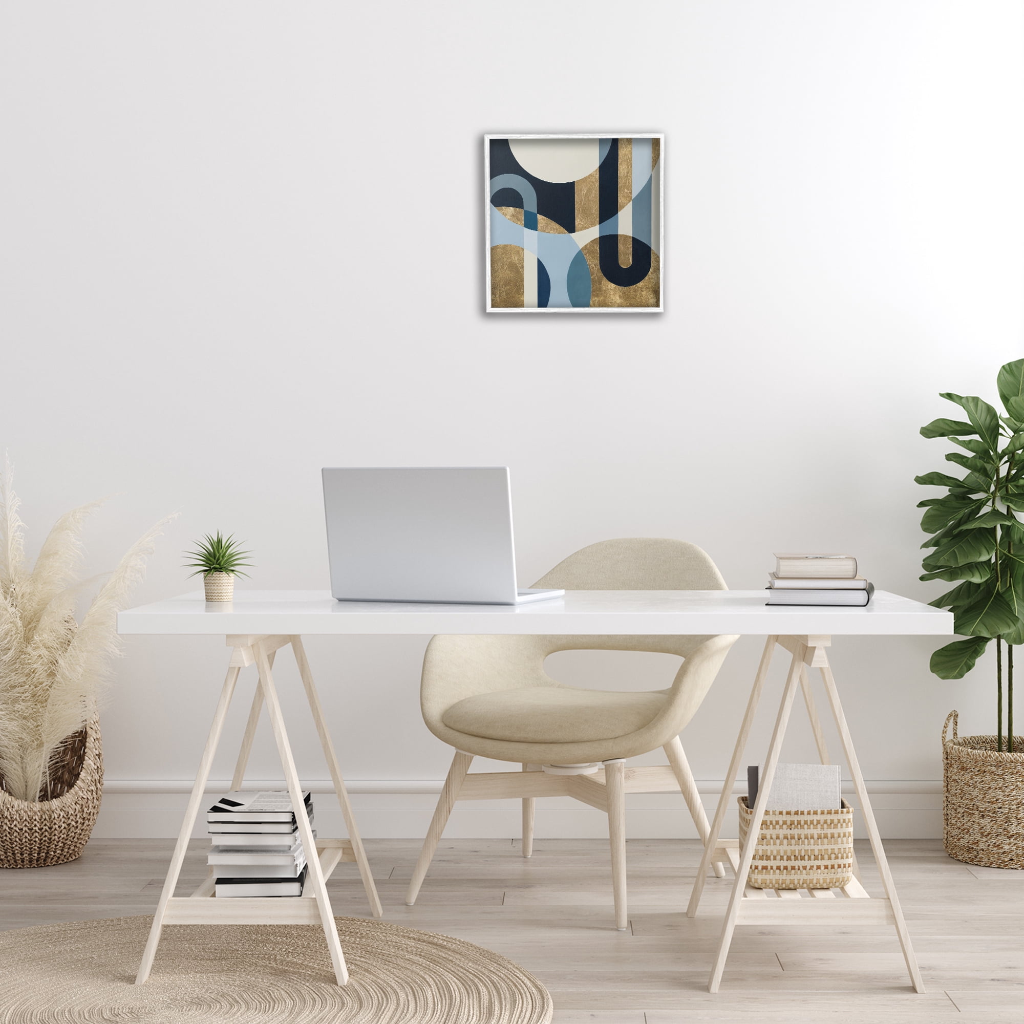 Stupell Industries Gold & Blue Circular Shapes Abstract Painting White Framed Art Print Wall Art, 17 x 17