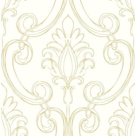 NextWall Metallic Gold Sketched Damask Peel and Stick Wallpaper