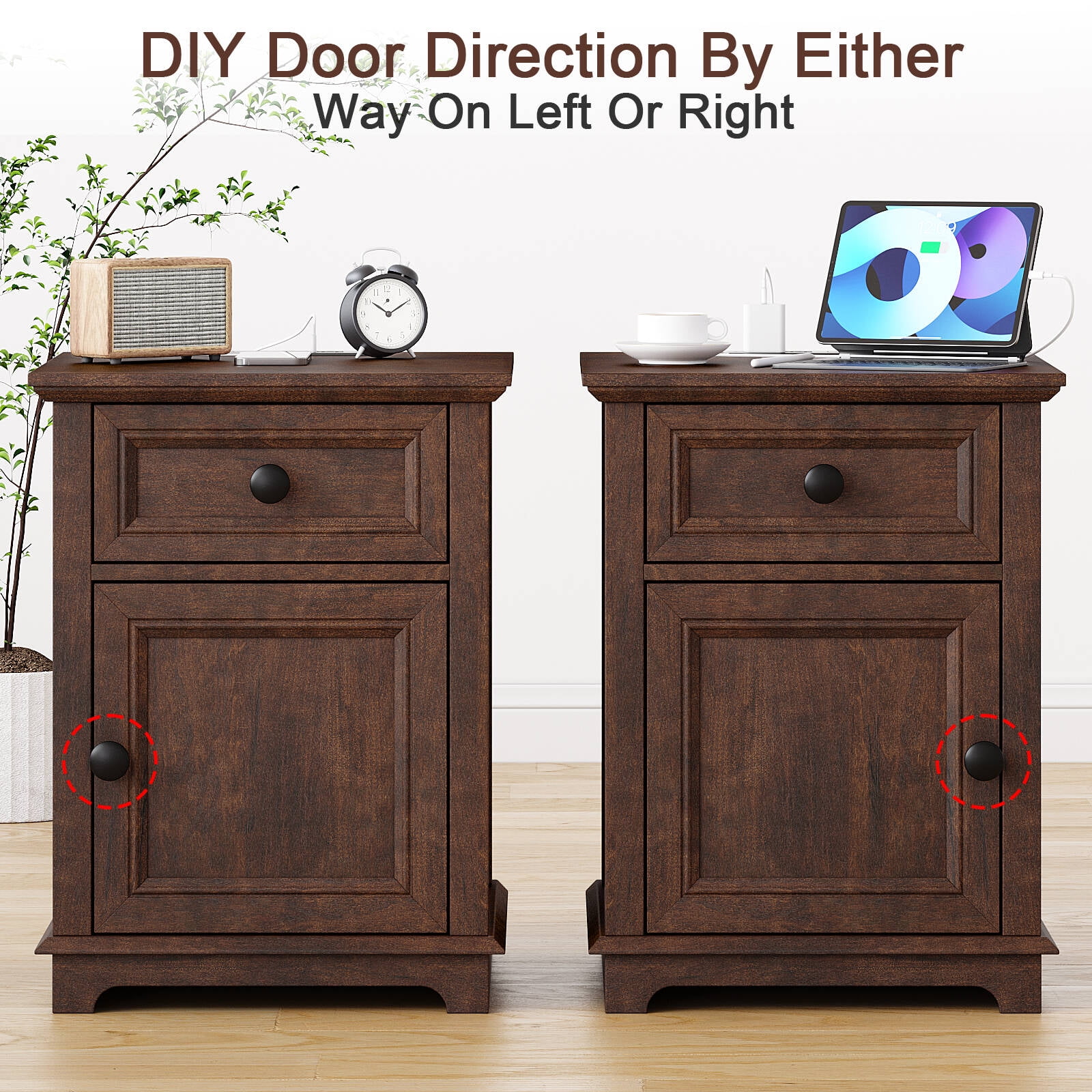 FAGAGA End Tables Set of 2 for Living Room with Charging Station, Side Table with Drawer and Adjustable Storage Shelf, Rustic Wooden Nightstands for Bedroom | Cherry