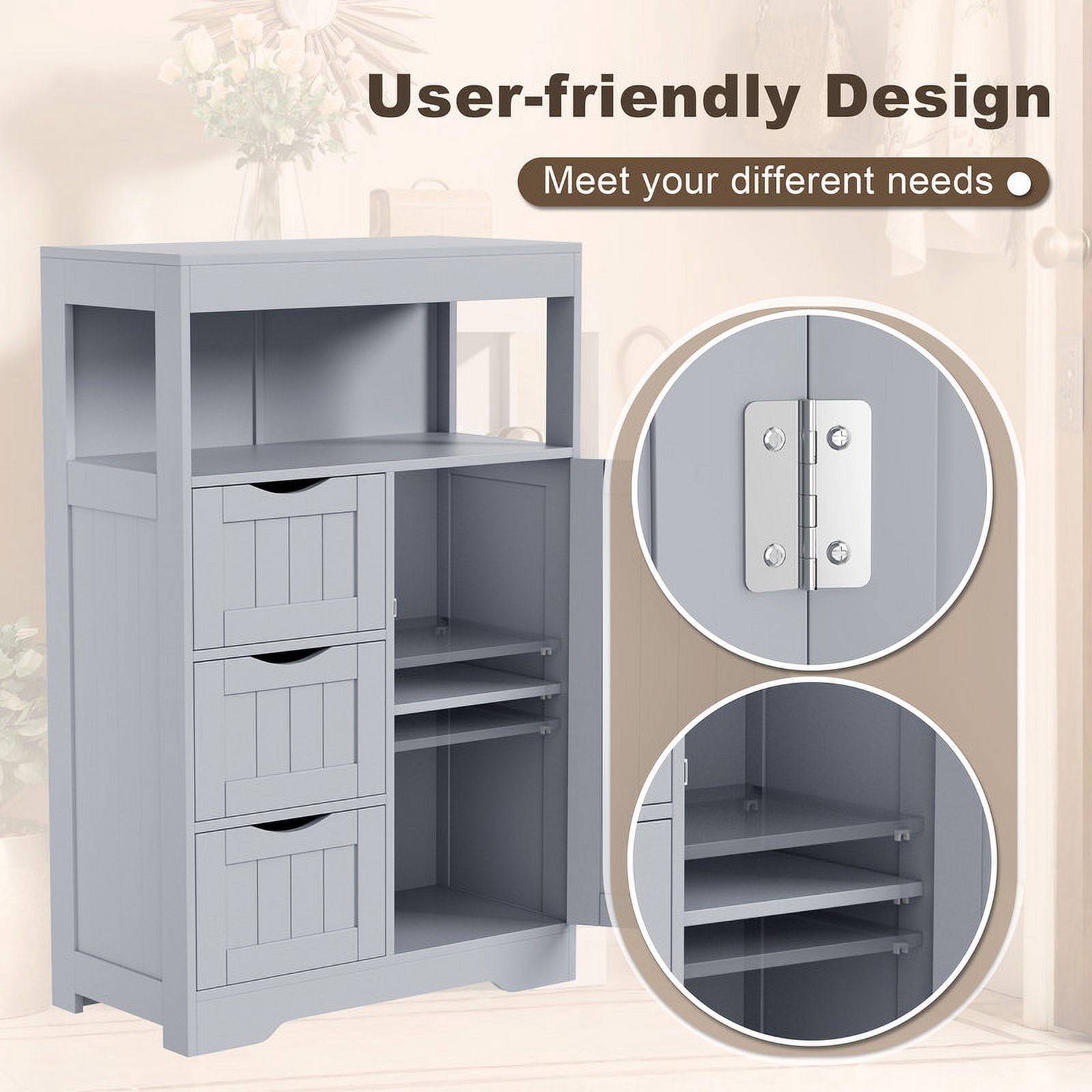 Homall Wood Bathroom Floor Cabinet with 3 Drawers and 1 Cupboard Free Standing Storage Organizer Hallway Entryway Cabinet for Living Room Kitchen, Gray
