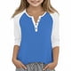 thumbnail image 1 of Cowsor Girl's Casual 3/4 Sleeve T Shirts Button V Neck Tunic Blouses Color Block Basic Tee Tops Loose Fit Summer Shirt, 1 of 6