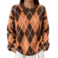 thumbnail image 2 of Women Argyle Sweater Oversized Knit Pullover Crewneck Colorblock Long Sleeve Cozy Fall Winter Tops, 2 of 4