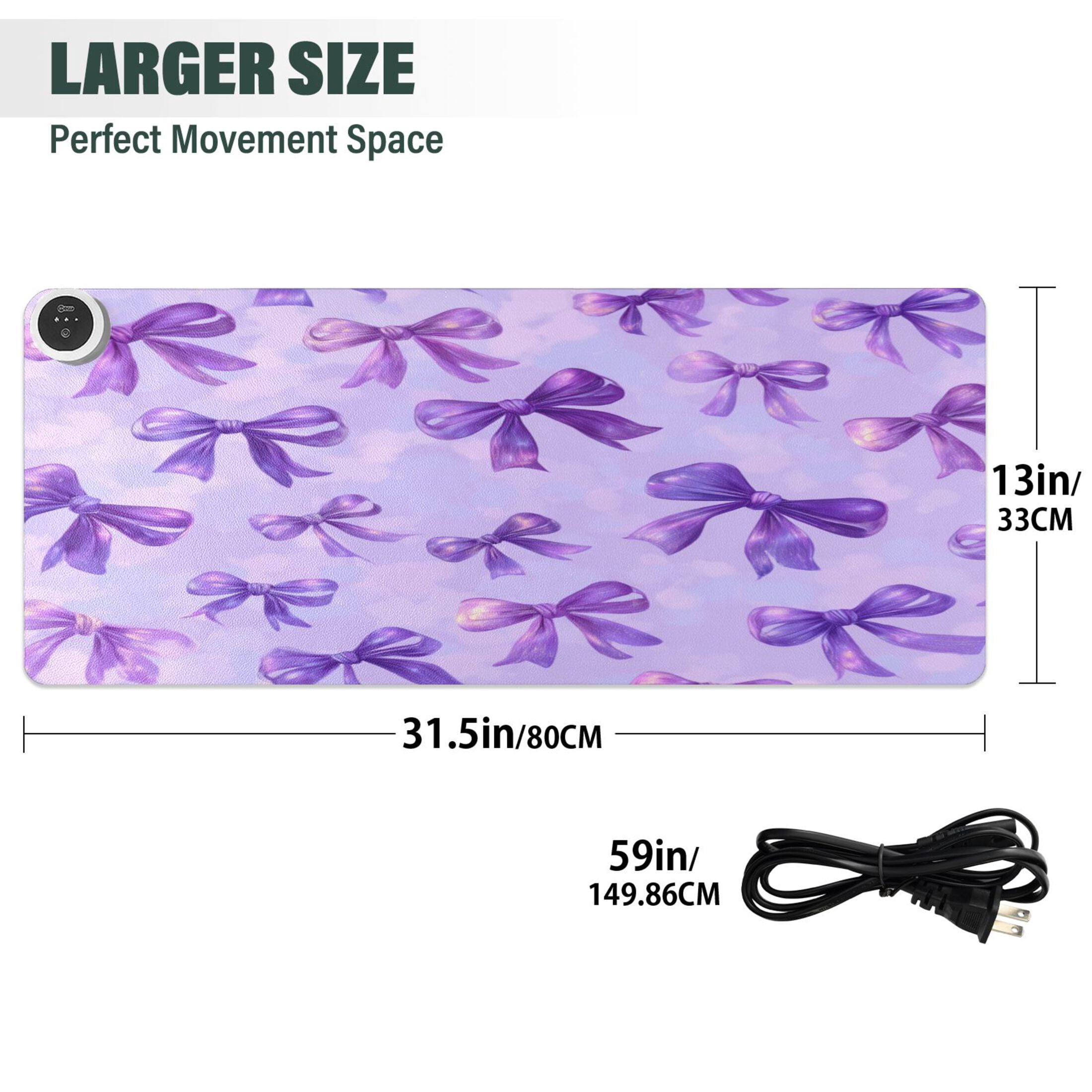 Large Heated Desk Mat Mouse Pad 31.5"x13"PU Leather Graphene Heating Desk Warmer with 3 Temperature Settings 110V US Plug Non-Slip Warm Pad for Home, Office, and Gaming Vibrant Purple Bows Pattern