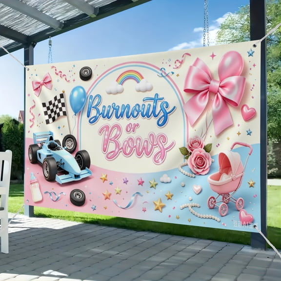 Burnouts Or Bows Gender Reveal Banner Burnouts or Bows Gender Reveal Decorations Backdrop Pink Blue Boy or Girl Baby Shower Party Supplies (4) 51*59IN