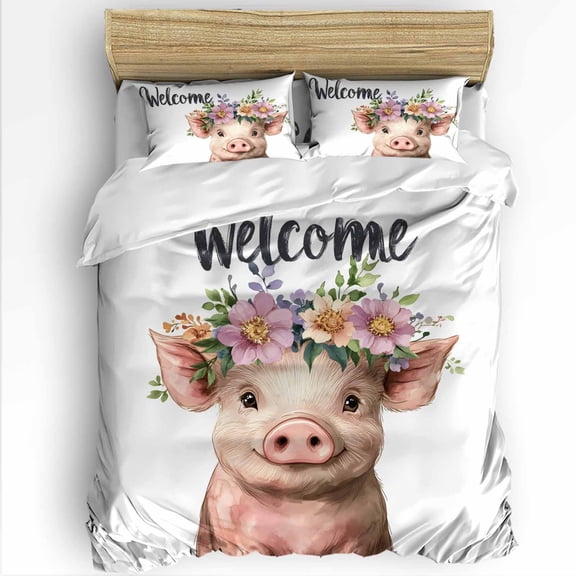 Pig Queen Size Comforter Set, Welcome Garland Soft Bedding for All Seasons, 4 Pcs Bed Set with 1Comforter (90"x92") ,1 Sheet(94"x116"), 2 Pillowcases (19"x29")