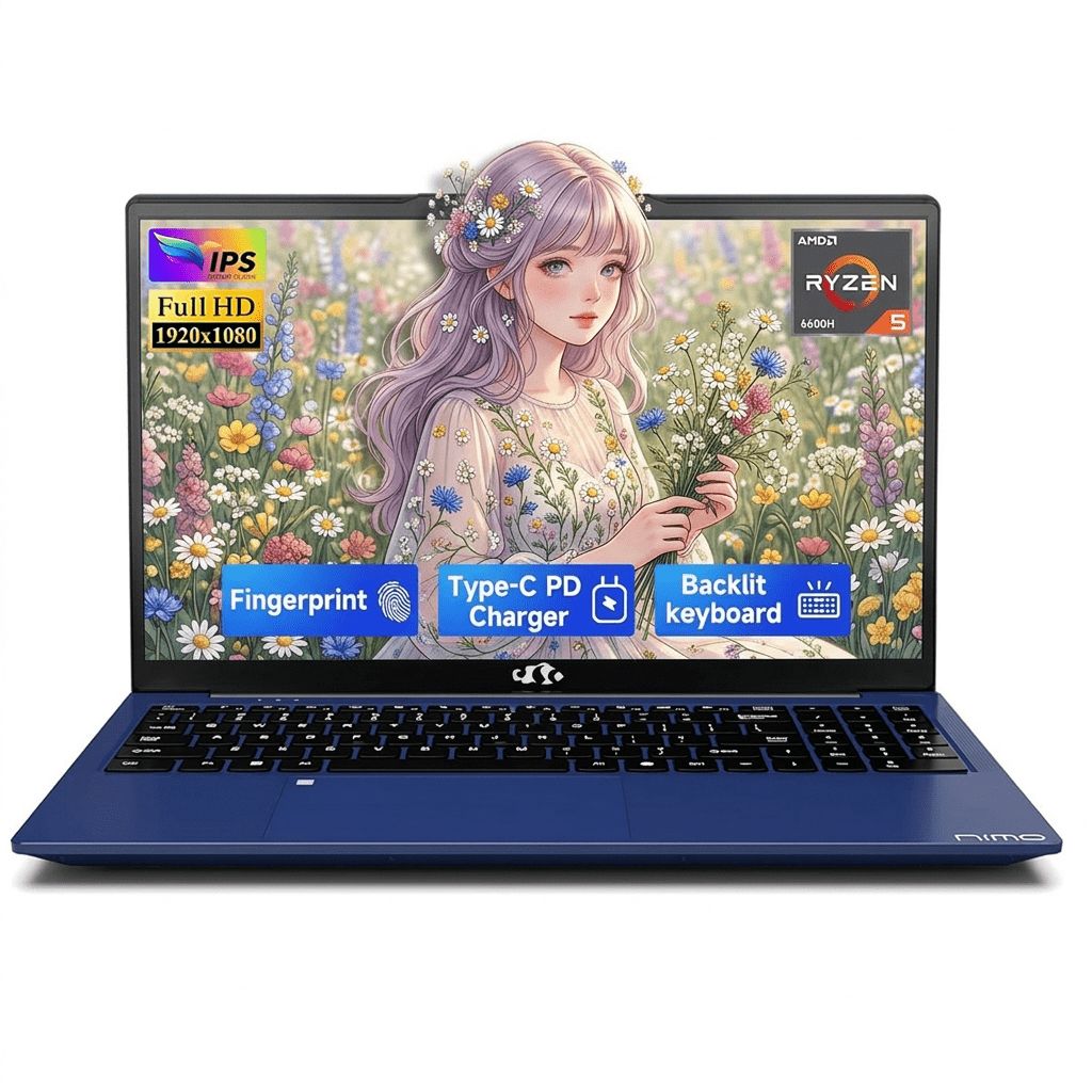 15.6" IPS FHD Gaming Laptop 16GB DDR5 RAM 1TB SSD AMD Ryzen 5 6600H (Beat i5-1335U, 6 Cores Up to 4.5GHz) AMD Radeon 660M with 100W Type-C Backlit Keyboard Fingerprint Blue