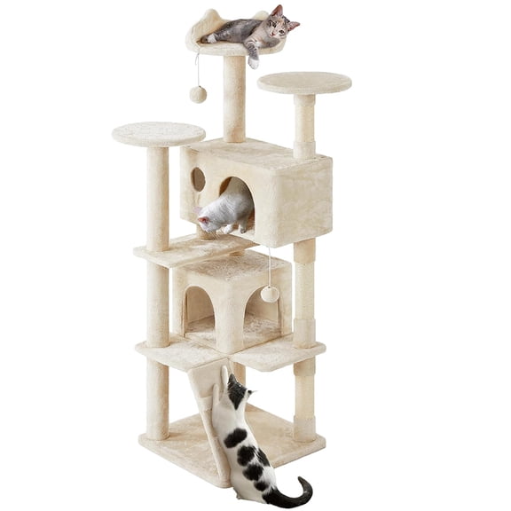 Tall Cat Tree 70 Inches, Multi-Level Cat Furniture with Scratching Posts, Cozy Condos, Platforms, Ladder, Dangling Ball, Beige