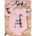 thumbnail image 3 of Summer Baby Girls Easter Outfit, Short Sleeve Bunny Romper with Belted Plaid Skirt Headband Outfit, 3 of 9