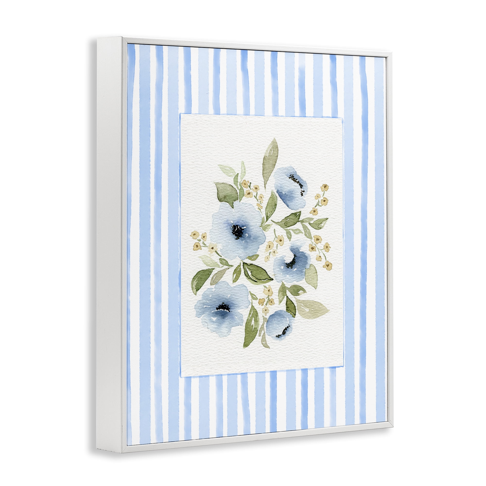 Stupell Industries Flowers with Blue Stripes White Framed Giclee Art, design by Leah Noel Art