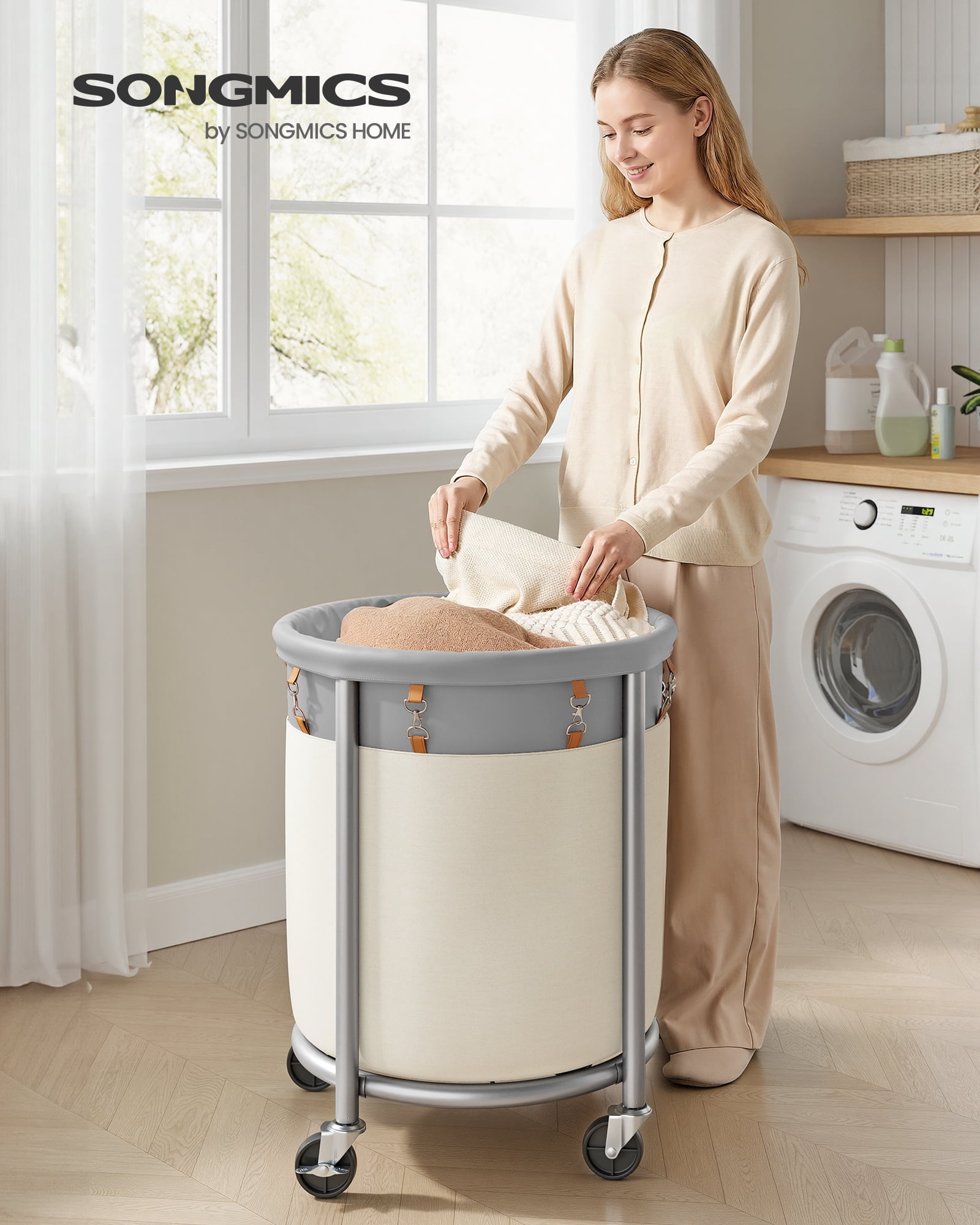SONGMICS 29-Gallon (110 L) Laundry Basket with Wheels, Rolling,with Steel Frame and Removable Bag, 2 Locking Wheels, Dove Gray and Cream White