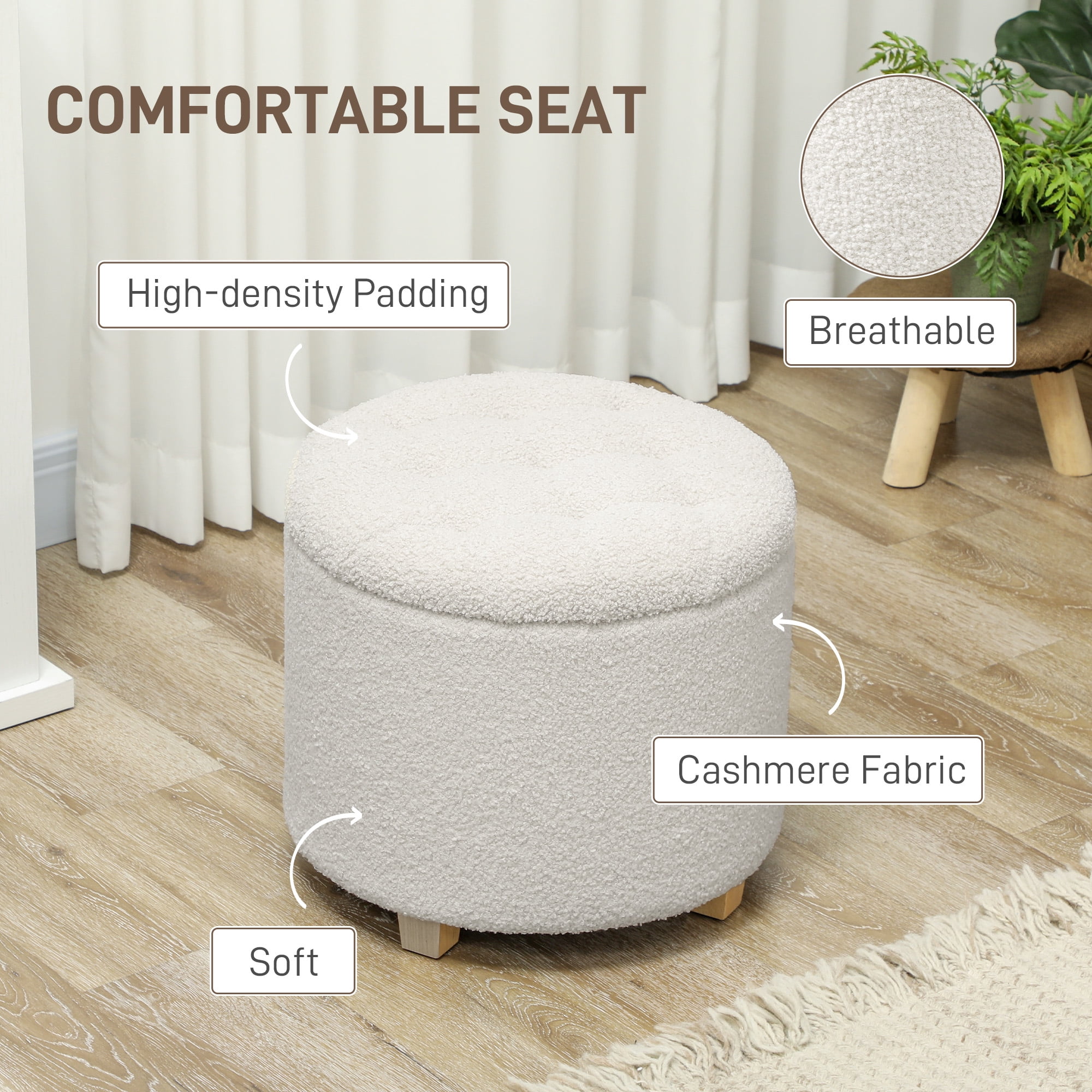 HOMCOM 18" Round Ottoman with Storage, Teddy Fleece Button Tufted Bedroom Stool with Removable Lid and Wood Legs for Living Room, Hallway, White
