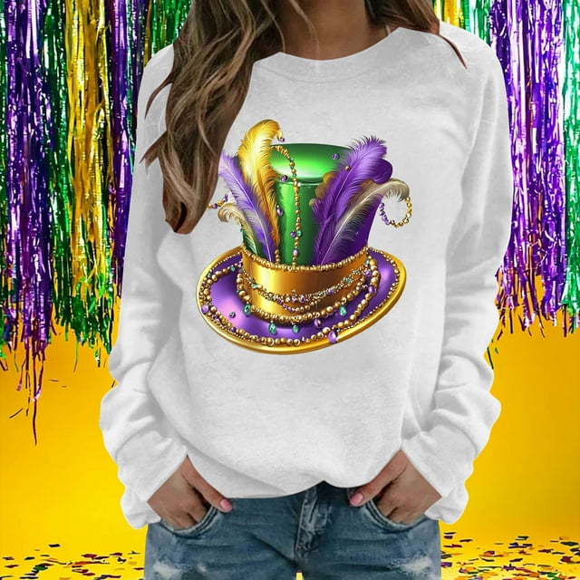 Xuyuer Women's Carnival Printed Long Sleeved Round Neck Mardi Gras Sweatshirt Carnival Outfits Women Carnival Sweatshirts Fat Tuesday Fashionable Pullover Tops