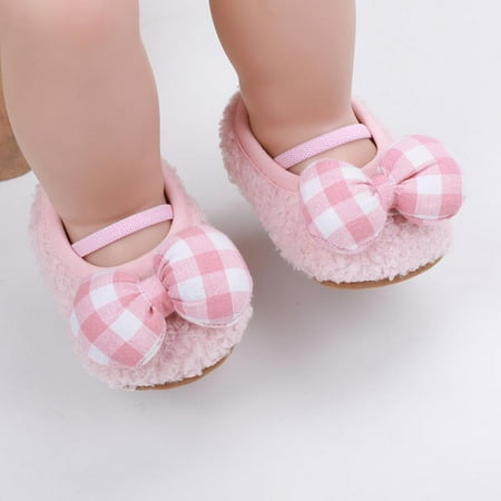

High Quality! 0-18M Infant Baby Girls Non-Slip Shoes Fuzzy Cute Spring Autumn Flats Plaid Bowknot Big FlowerElastic Band Shoe (Pink)