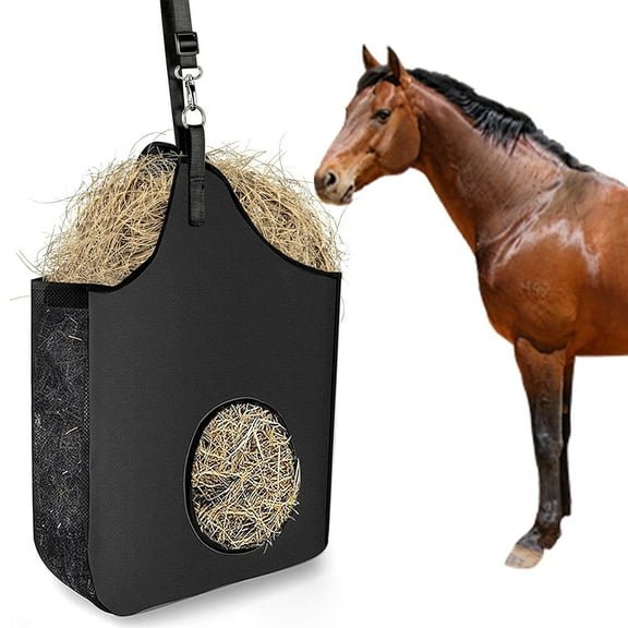 bathprove Hay Bag Hanging Goat Feeder Tote Premium Oxford Cloth with Metal Ring and Adjustable Strap for Horses Donkeys Cows Alpacas Ostriches or Other Animals Black