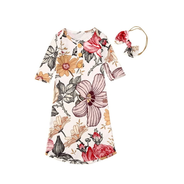 Faithtur Sac de Couchage Floral pour Bébé et Tout-Petit, Ensemble Robe d'Emmaillotage Longue en Coton pour Nouveau-Né + Bandeau
