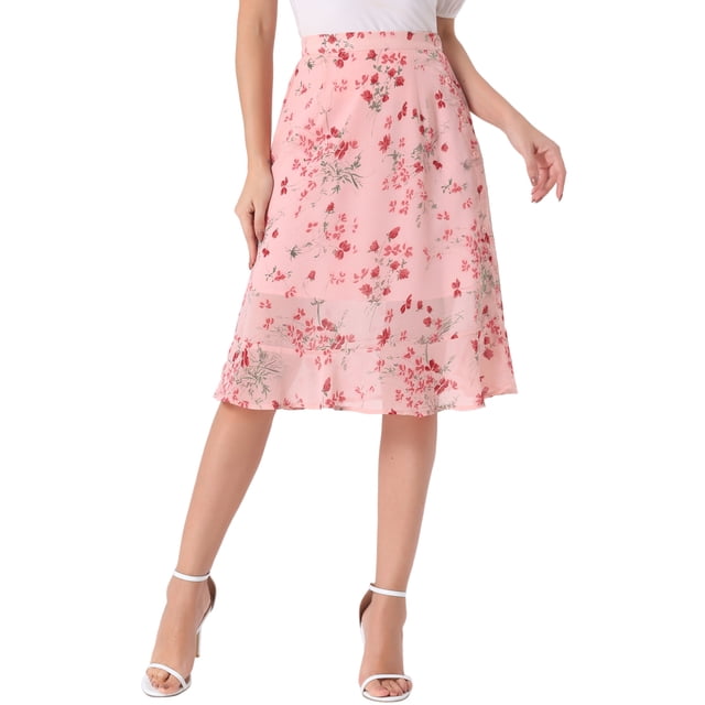 Faldas midi florales para mujer Inspire Chic, con volantes, cintura alta, fluida, en línea A, con abertura, longitud a la rodilla, XS, rosa claro